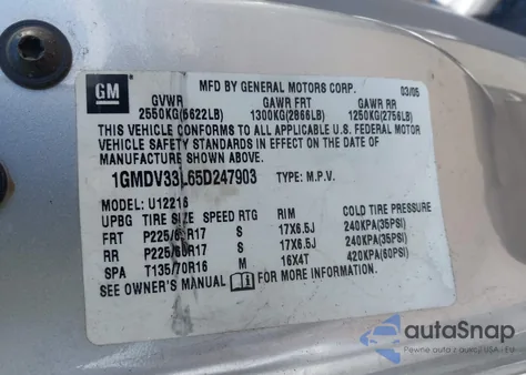 2005 Pontiac Montana Sv6 Fwd z USA, uszkodzony, nr VIN 1GMDV33L65D247903